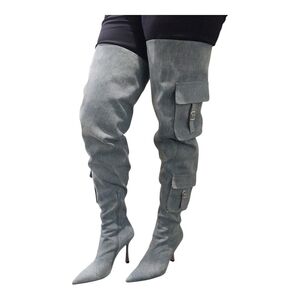 Steve Madden Brittany Thigh High Heeled Boots Denim Fabric Pockets NEW Size 9